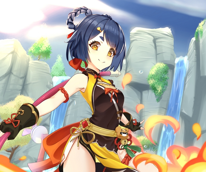 Xiangling smiling brightly in a vibrant Genshin Impact landscape