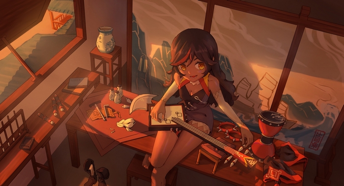 Xinyan (Genshin Impact) playing instrument at sunset