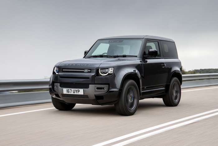 Dark Land Rover Defender 90 V8 Carpathian Edition SUV driving