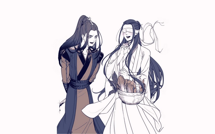 Xue Yang and Xiao Xingchen smiling with food