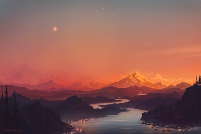 Sunset over beautiful mountains and a winding river