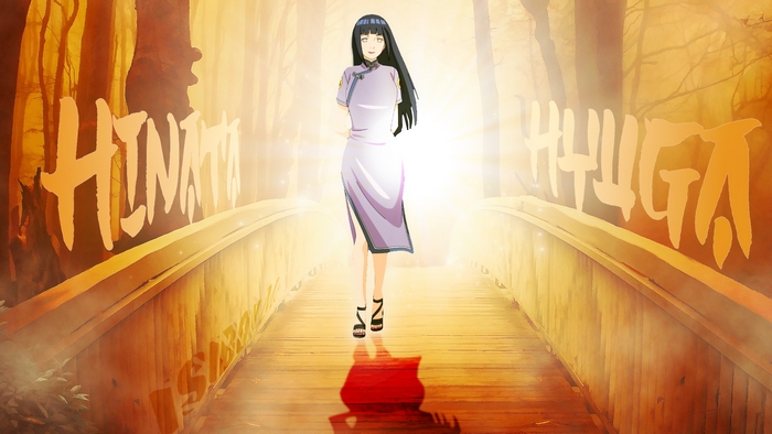 Hinata Hyuga walking on a bright wooden bridge