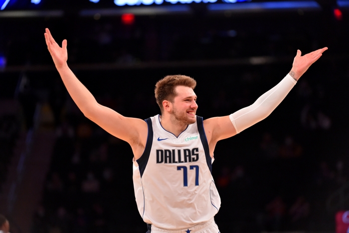 Luka Dončić celebrating on court for Dallas Mavericks