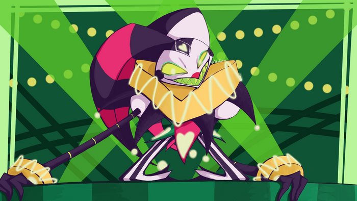 Helluva Boss Robo Fizz's sharp grin and glowing eyes