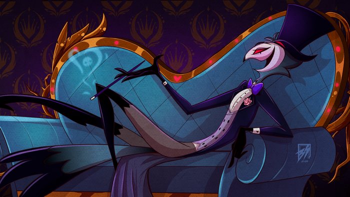 Stolas (Helluva Boss) looking suave on a fancy couch