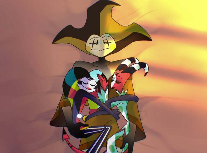 Helluva Boss Blitzo and Robo Fizz serene embrace