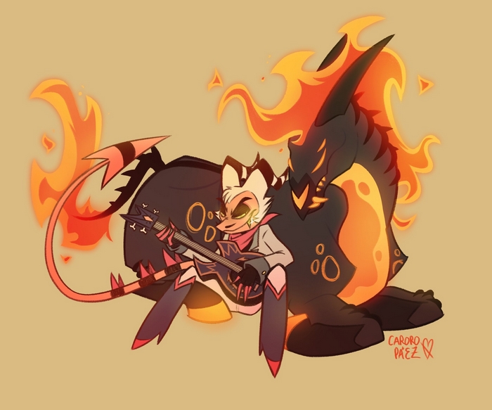 Striker (Helluva Boss) playing guitar with fiery dragon