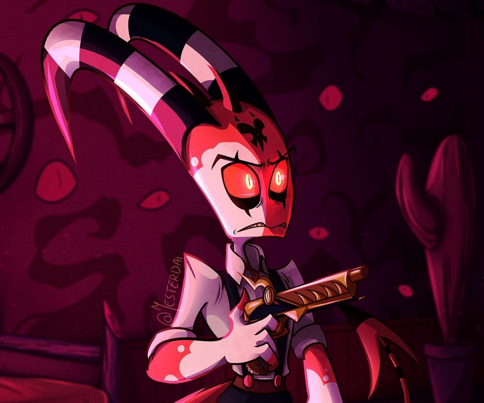 Helluva Boss Blitzo confronts glowing red eyes