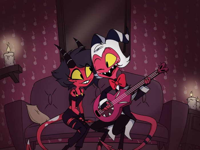 Moxxie and Millie from Helluva Boss Playing Guitar
