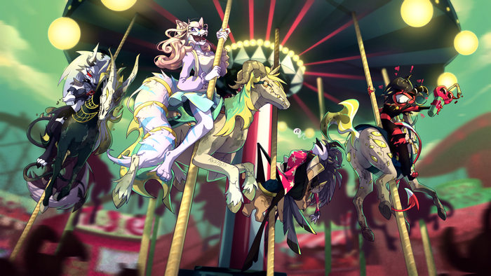Helluva Boss characters enjoying a carousel ride