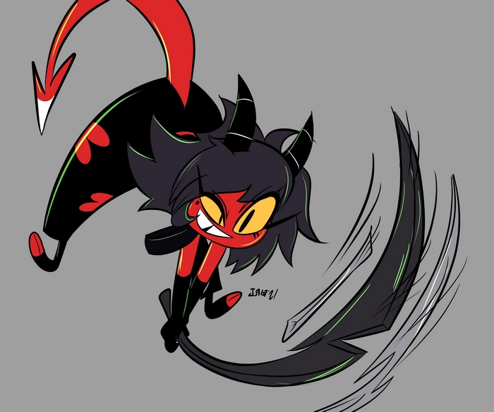 Millie Helluva Boss swinging her blade tail