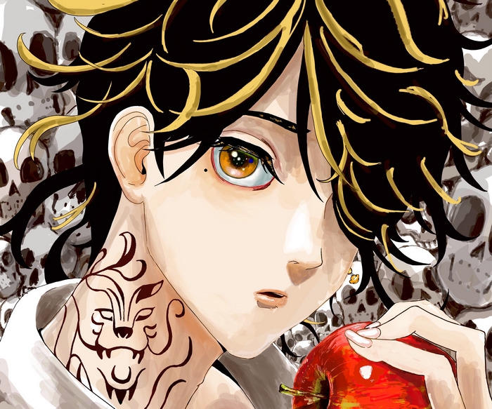 Kazutora Hanemiya holding red apple, skull background