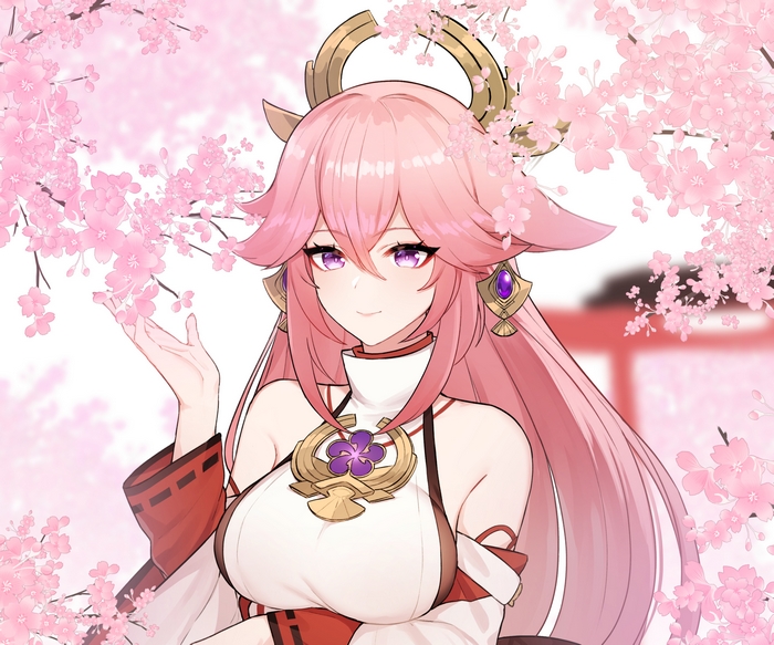 Yae Miko Among Cherry Blossoms