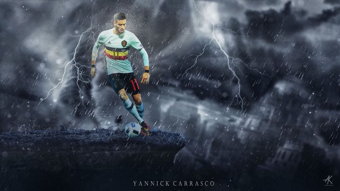 Yannick Carrasco playing football for Belgium amidst lightning and rain