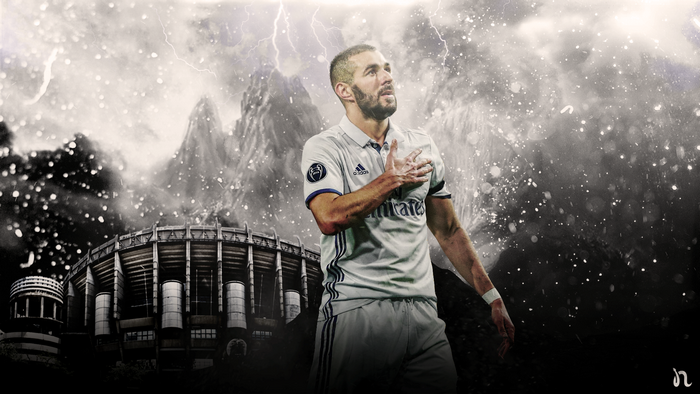 Karim Benzema and Real Madrid stadium under stormy sky