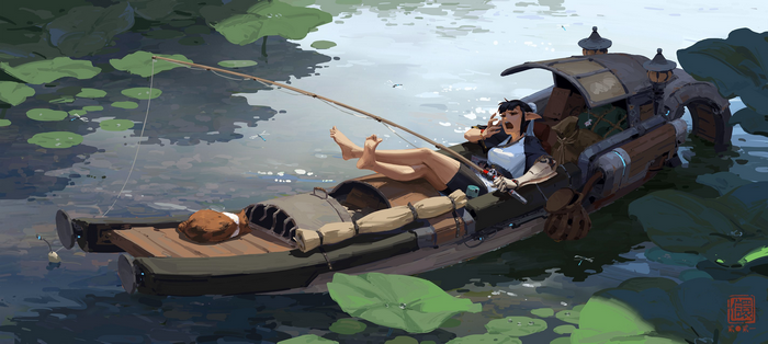 Bored Elf Fishing on a Steampunk Boat
