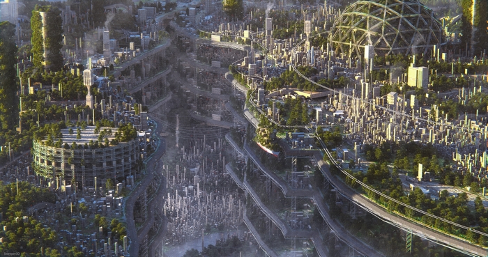 Sci-Fi City: Verdant Skyscrapers and Deep Urban Canyon