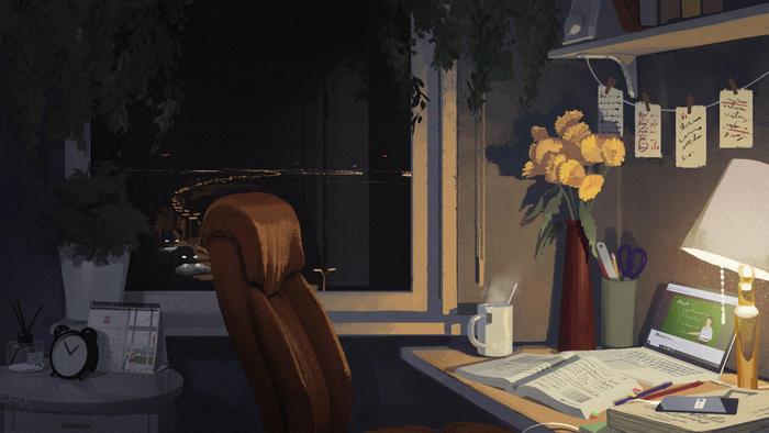 Cozy Midnight Study Desk with City View