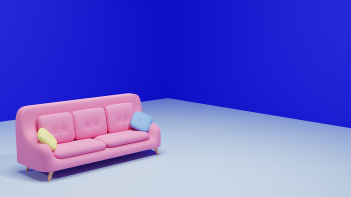 Pink Couch with Yellow and Blue Cushions in Blue Room