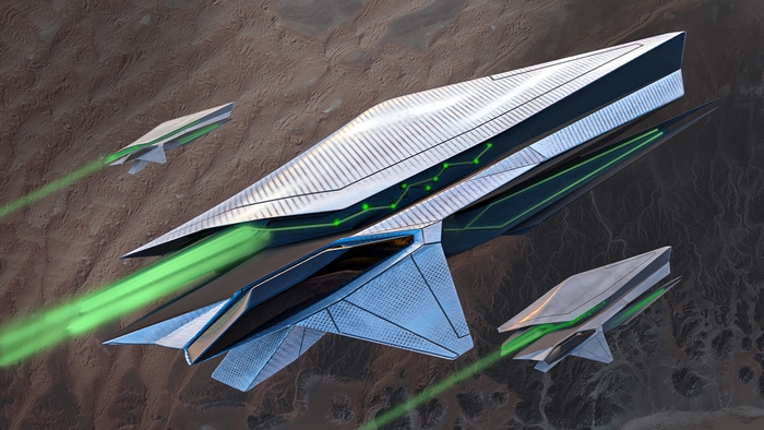 Sci-fi fleet with green energy beams over desert