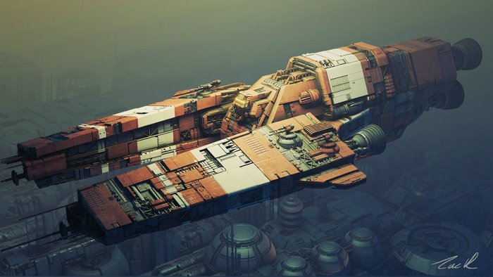 Industrial Ship Flying Over Futuristic City