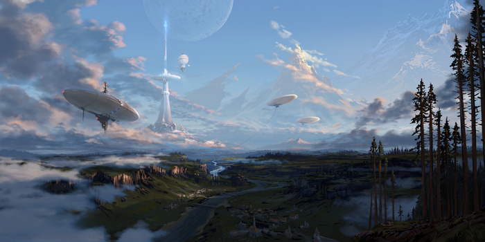 Base CX-5: Futuristic Landscape with Flying Ships