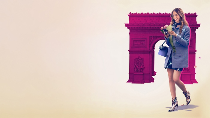 Emily in Paris walking by magenta Arc de Triomphe