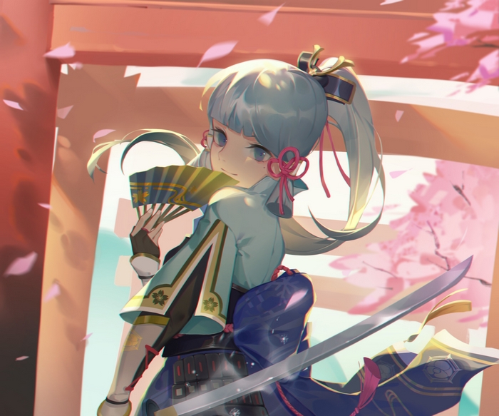 Kamisato Ayaka with fan and katana