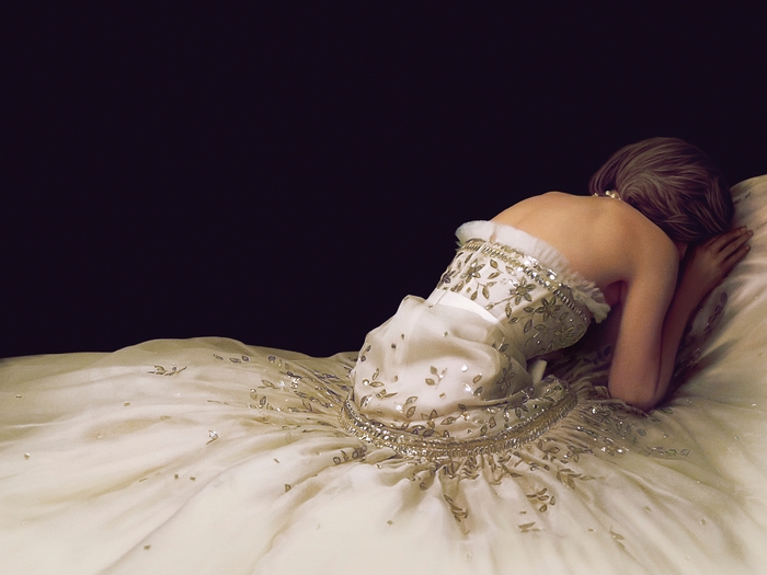 Kristen Stewart in Spencer, elegant gown, vulnerable pose