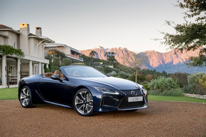 Lexus LC 500 Cabriolet luxury car with mountain backdrop