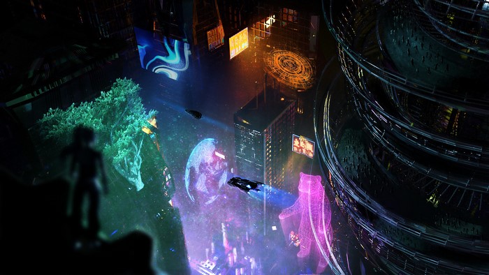 Vibrant Futuristic City Night with Holographic Projections