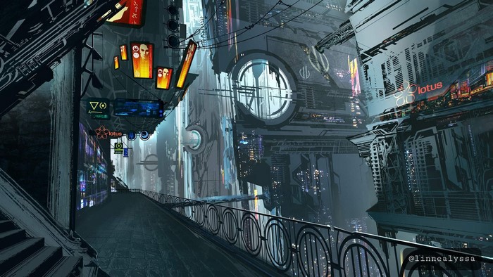 Neon-lit Cyberpunk City Street View