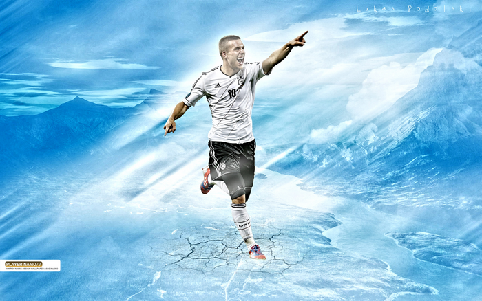 Lukas Podolski celebrates for Germany in icy landscape