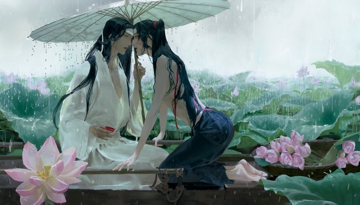 Wei Wuxian and Lan Wangji: Rainy kiss in lotus pond