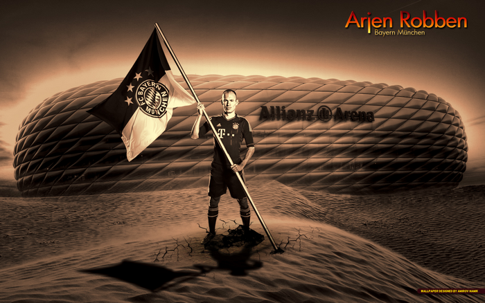 Arjen Robben with FC Bayern flag at Allianz Arena