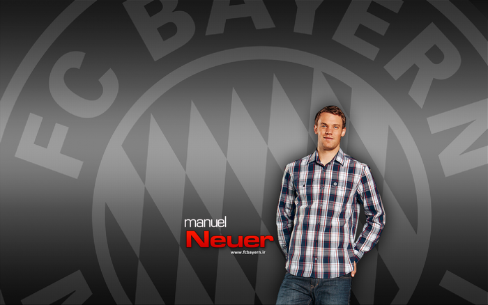 Manuel Neuer posing casually with FC Bayern Munich logo