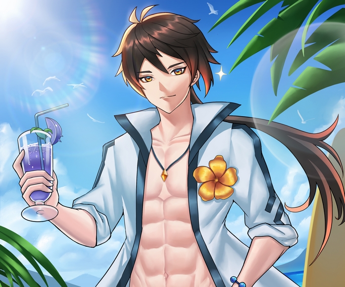 Zhongli's summer beach day with a refreshing drink