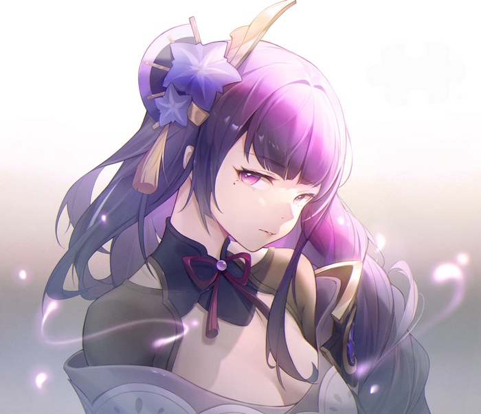 Thoughtful Raiden Shogun with purple hair and glow