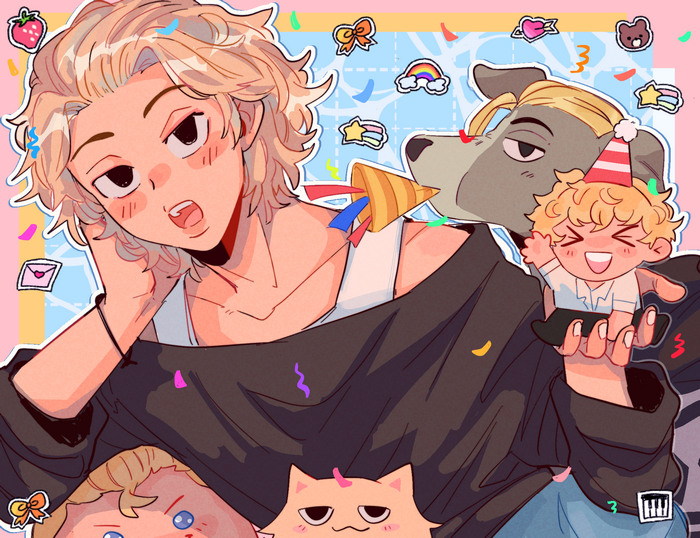 Mikey Manjiro Sano's joyful party with dog and chibi