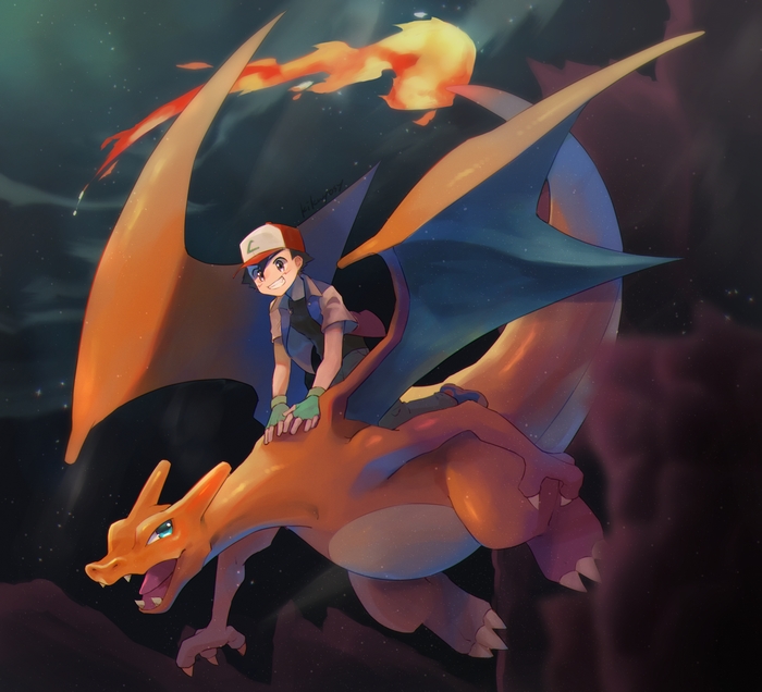 Ash Ketchum riding Charizard through the night sky