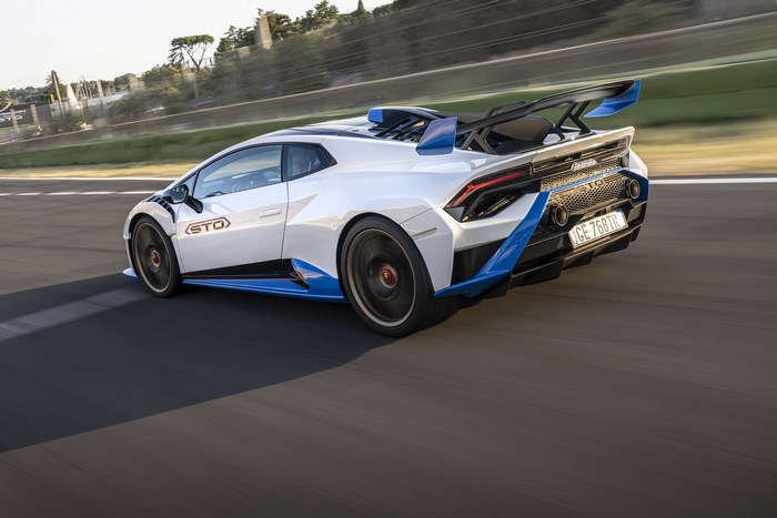 White Lamborghini Huracán STO supercar on track