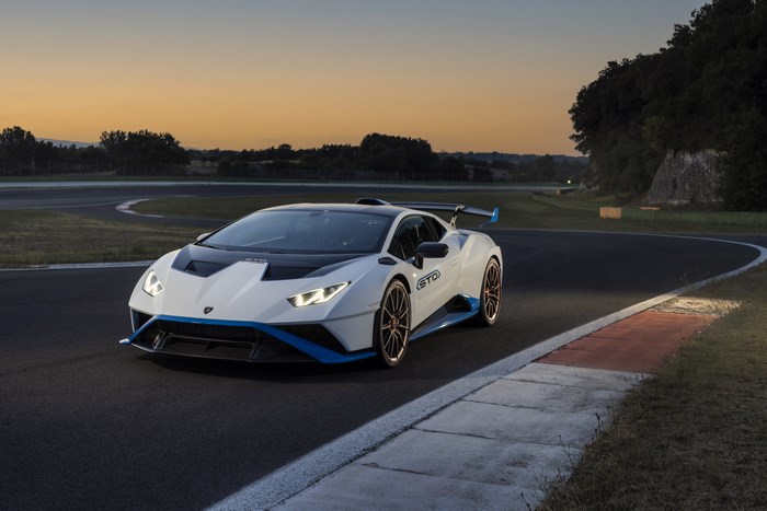 White Lamborghini Huracán STO Supercar on Track at Dusk