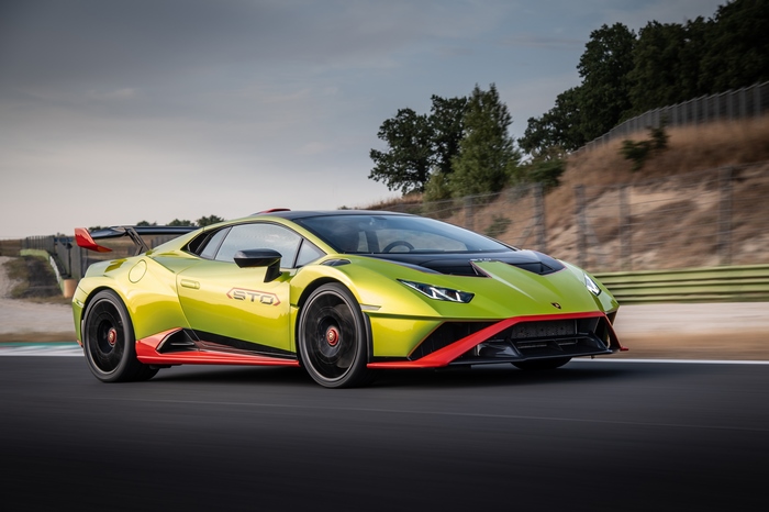 Green Lamborghini Huracán STO Supercar on Track
