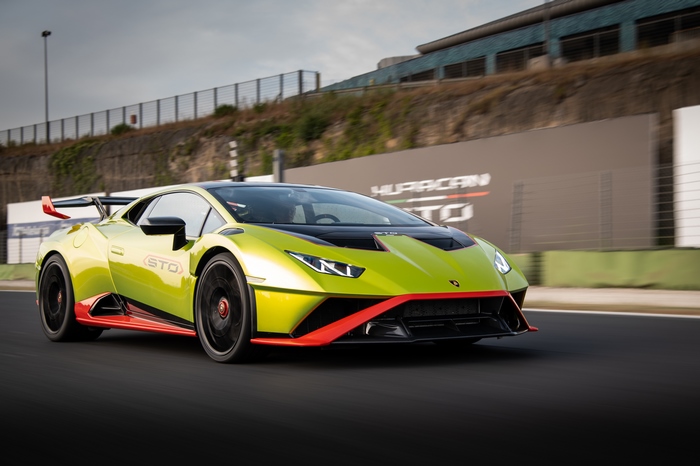 Green Lamborghini Huracán STO Supercar on Track