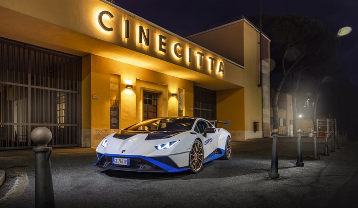 White Lamborghini Huracán STO at illuminated Cinecittà