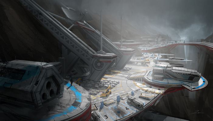 Futuristic Sci-Fi Spaceport in a Foggy Canyon