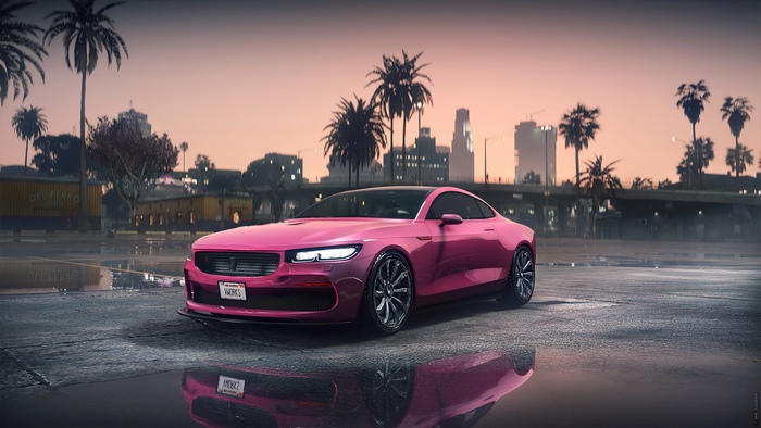 Grand Theft Auto V Pink Sports Car at Sunset 4K