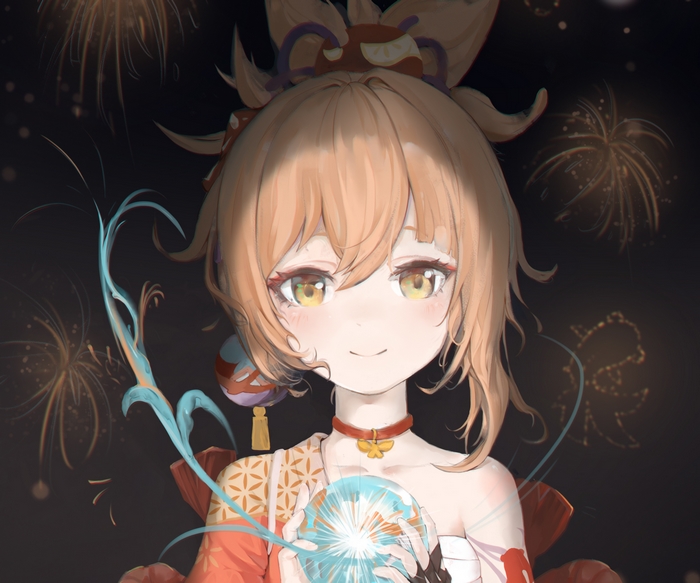 Yoimiya (Genshin Impact) smiling with fireworks and glowing orb