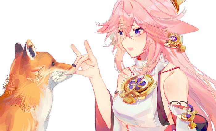 Yae Miko and a fox licking her finger