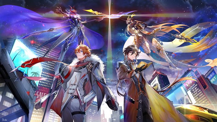 Tartaglia Childe and Zhongli Archon Forms City Night